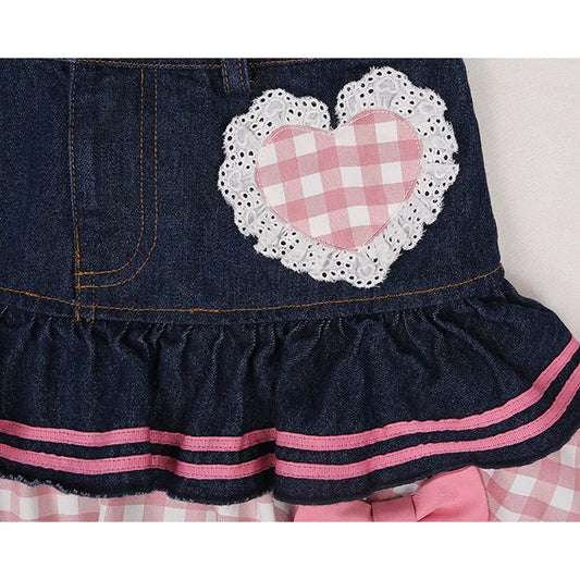 Sweet Mini Denim Skirt - Gothic Lace Plaid Hearts Ruffled Skirt