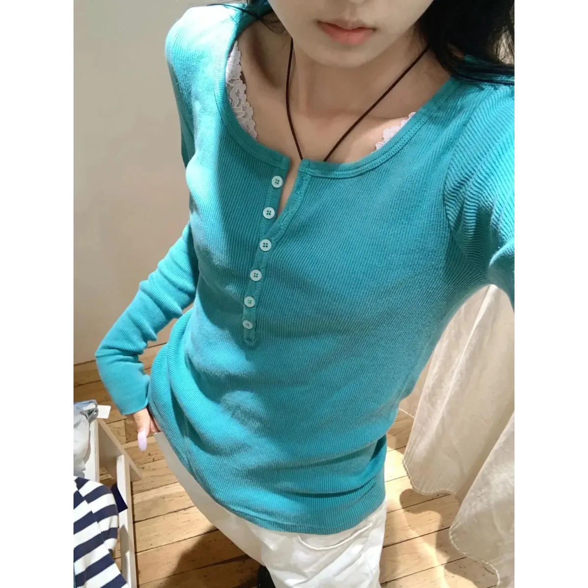 Six Button Ribbed Long Sleeve Slim Tee - T-Shirts - T-Shirt - 14