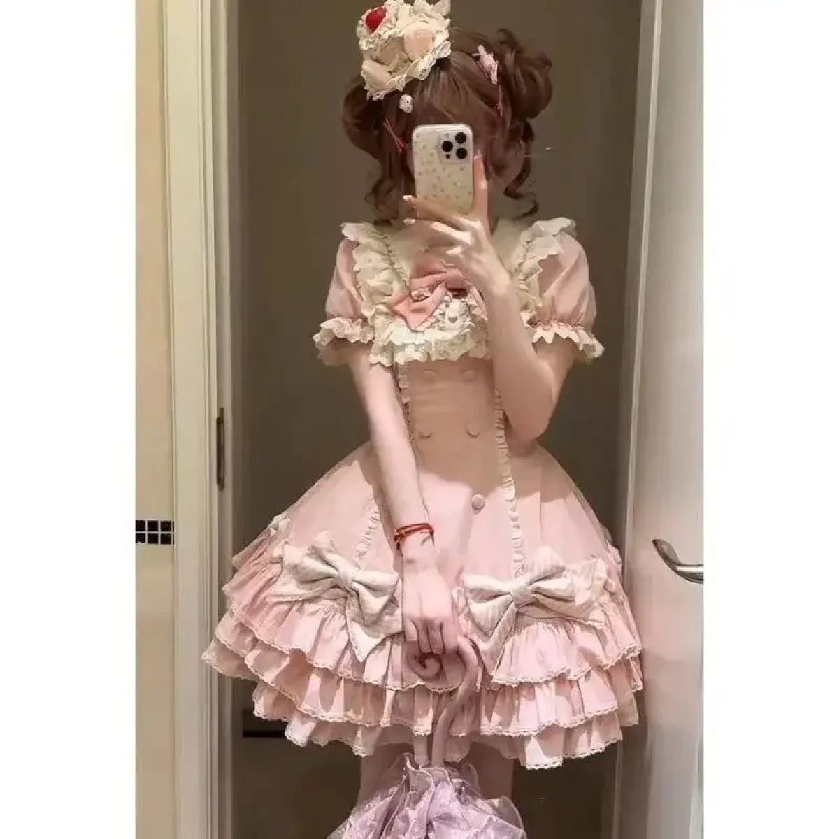 Sweet Lolita Pink Bow Ruched Mini Dress - All Dresses - Lolita Dress - 3