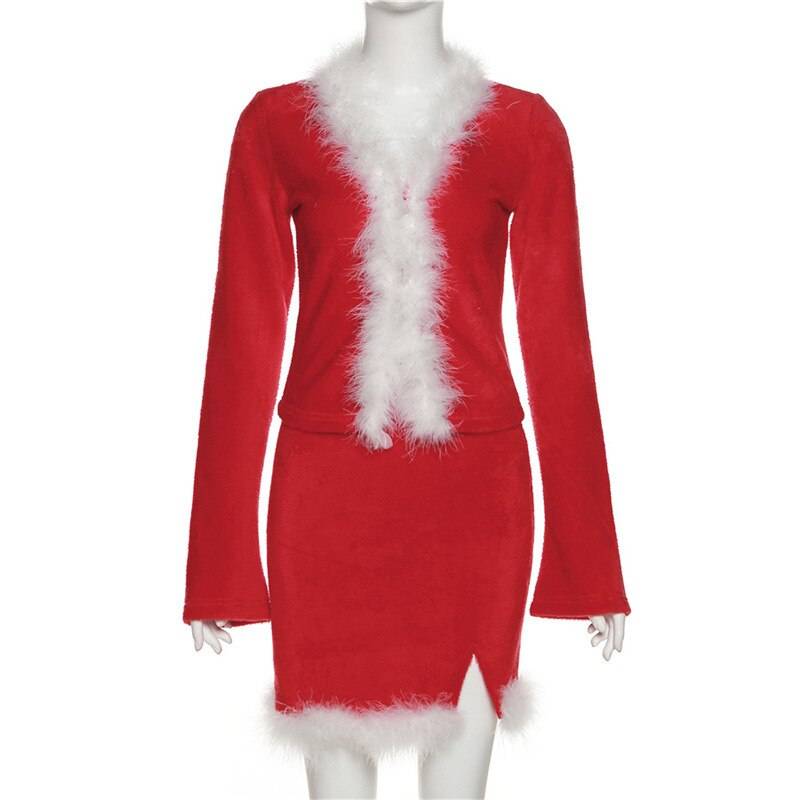 Sexy Christmas Party Velvet Dress - Kawaii Stop - 2 Piece Sets, All Dresses, Autumn, Cardigan, Christmas, Co-ords, Crop, Dark, Dresses, Faux Fur, Goth, Hidden breasted, High Waist, Long Sleeve, Party, Polyester, Sexy, Skirt, Spandex, V-Neck, Velvet, Winter, Women, Women's Clothing &amp; Accessories, Y2k