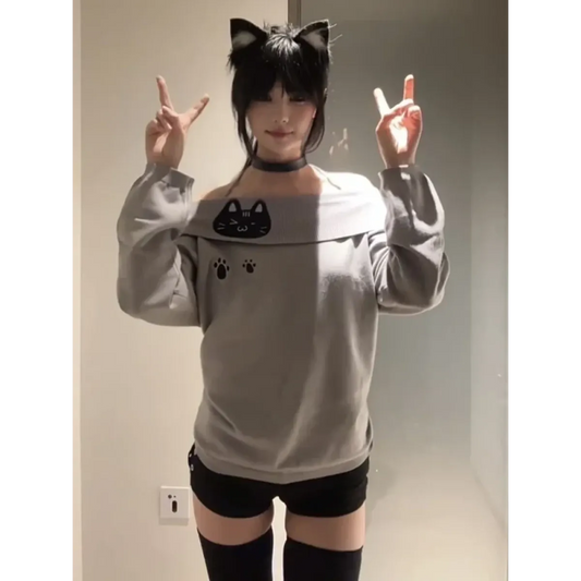 Kawaii Cat Embroidered Off Shoulder Slim T-Shirt - Dresses - T-Shirt - 2