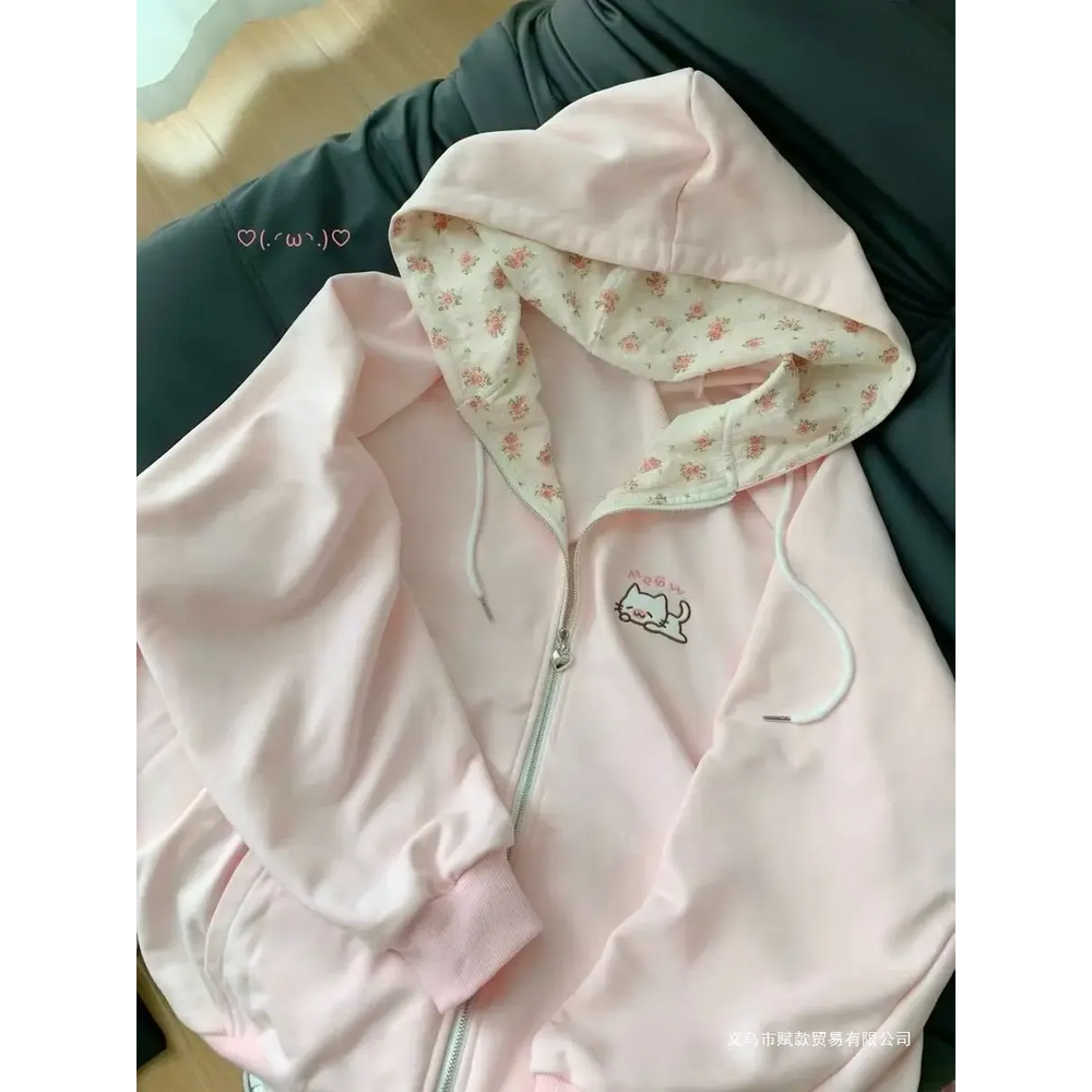 Cat Floral Embroidered Zip Hoodie - Women’s - Hoodie - 1