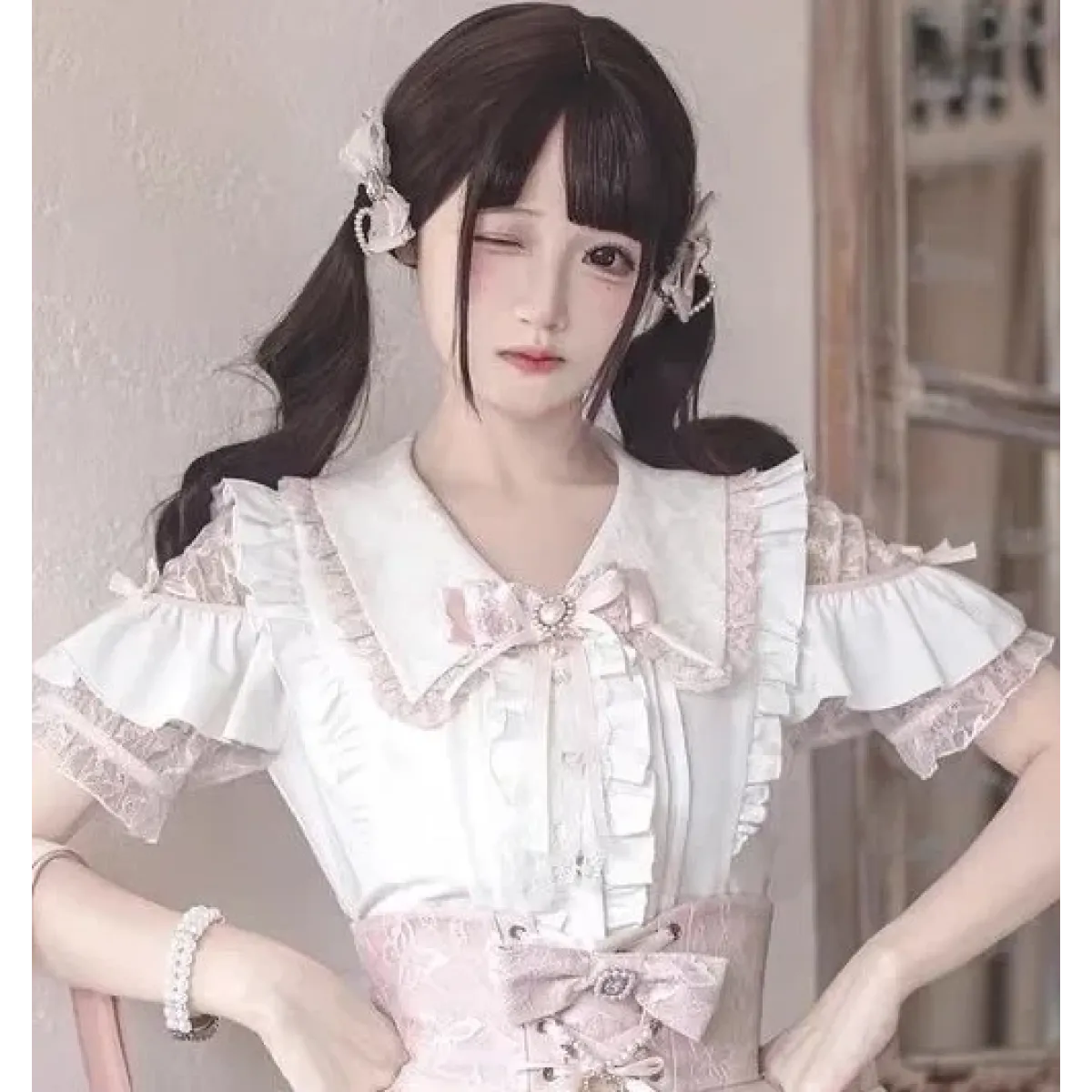 Lolita Lace Patchwork Bow Blouse - Dresses - Blouse - 8