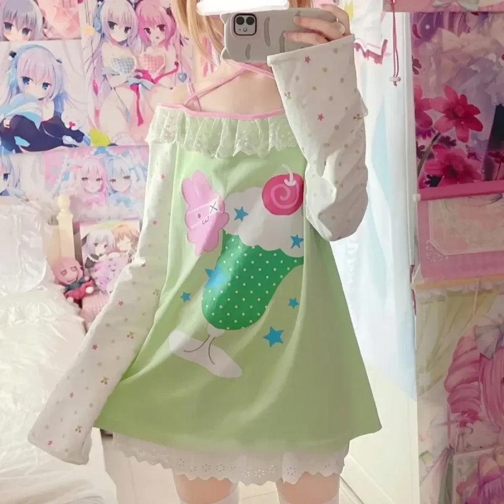 Sweet Kawaii Cartoon Print Slash Neck Tee - T-Shirts - T-Shirt - 1