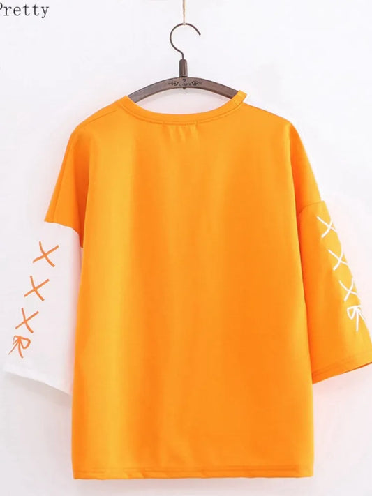Kawaii Orange Harajuku Shirt - Kawaii Stop - Cartoon Pattern, Confidence in Style, Cute Sandals, Embroidery Detail, Harajuku Shirt, High-Waisted Shorts, Kawaii Fashion, Orange Shirt, Playful Look, Sweet Style, Women's Clothing