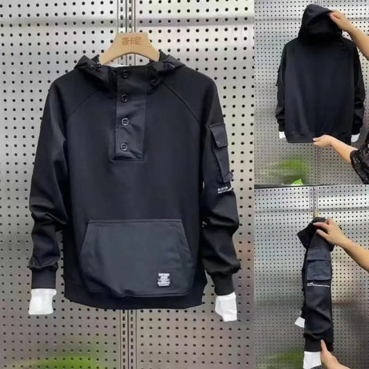 Buttoned Cargo Hoodie with Pockets - Kawaii Stop - Autumn, Cargo Hoodie, Casual Style, Edgy Look, Fashion Statement, Functional Pockets, Hooded, Men's Clothing, Men's Fashion, Men's Hoodies, Men's Techwear, Regular Fit, Skull Pattern, Spring, Streetwear, Unique Design, Versatile Fashion