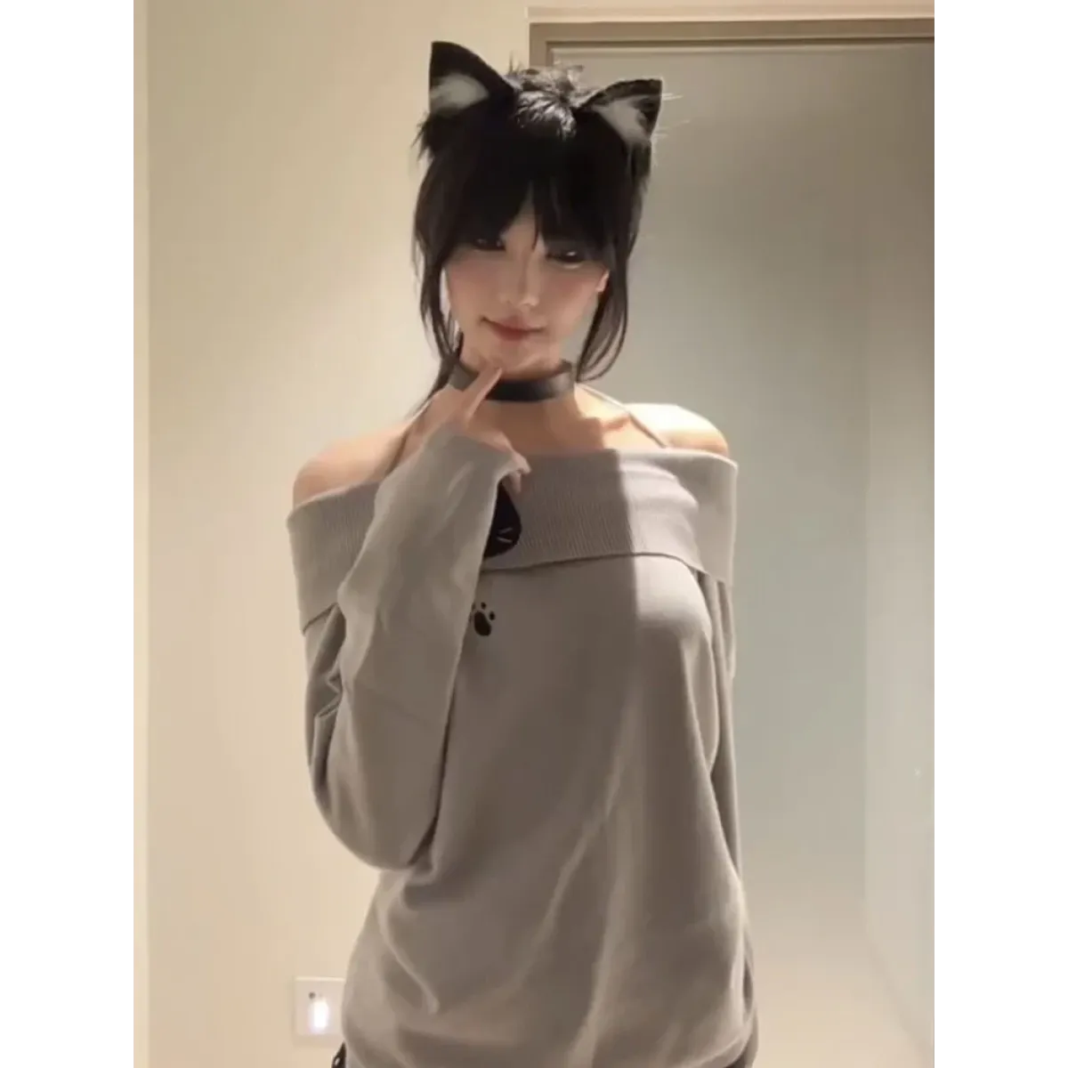 Kawaii Cat Embroidered Off Shoulder Slim T-Shirt - Dresses - T-Shirt - 5