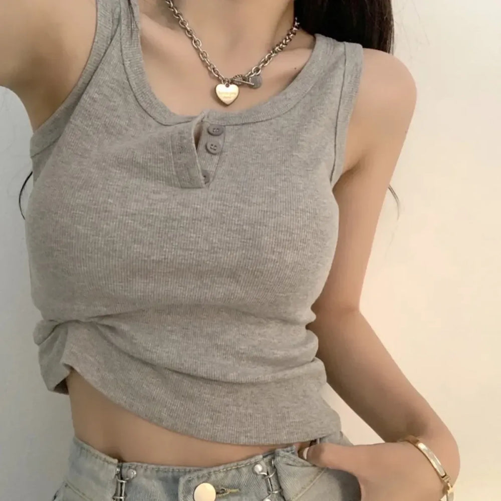 Ribbed Button Down Sleeveless Tank Top - Women’s Clothing & Accessories - Tank Top / Cami - 1