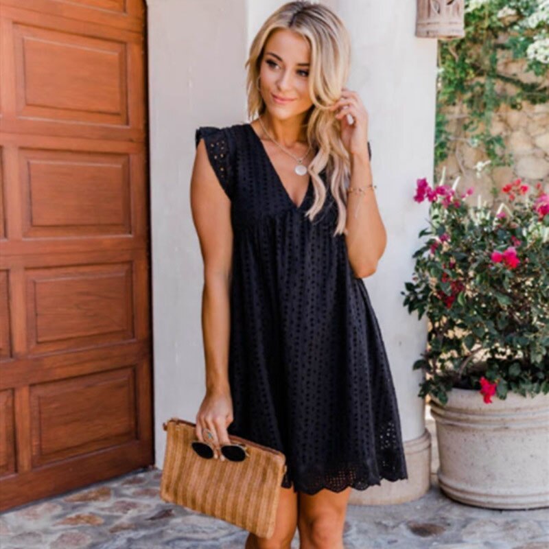 Short Sleeve V-Neck Lace Dress - Kawaii Stop - All Dresses, Casual Dress, Dresses, Hollow, Lace Dress, Ladies, party dresses, Short Sleeve, Summer, V-Neck, Women, Women's Clothing &amp; Accessories