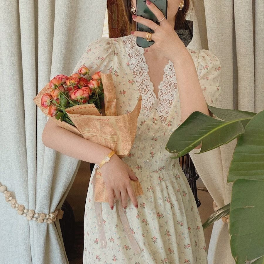 Vintage Floral Dress for Women - Kawaii Stop - All Dresses, Chiffon, Dress, Dresses, Elegant, Fall, Floral, For Women, Korean, Lace, Midi, Party, Puff Sleeve, V-Neck, Vintage, Women, Women's Clothing &amp; Accessories