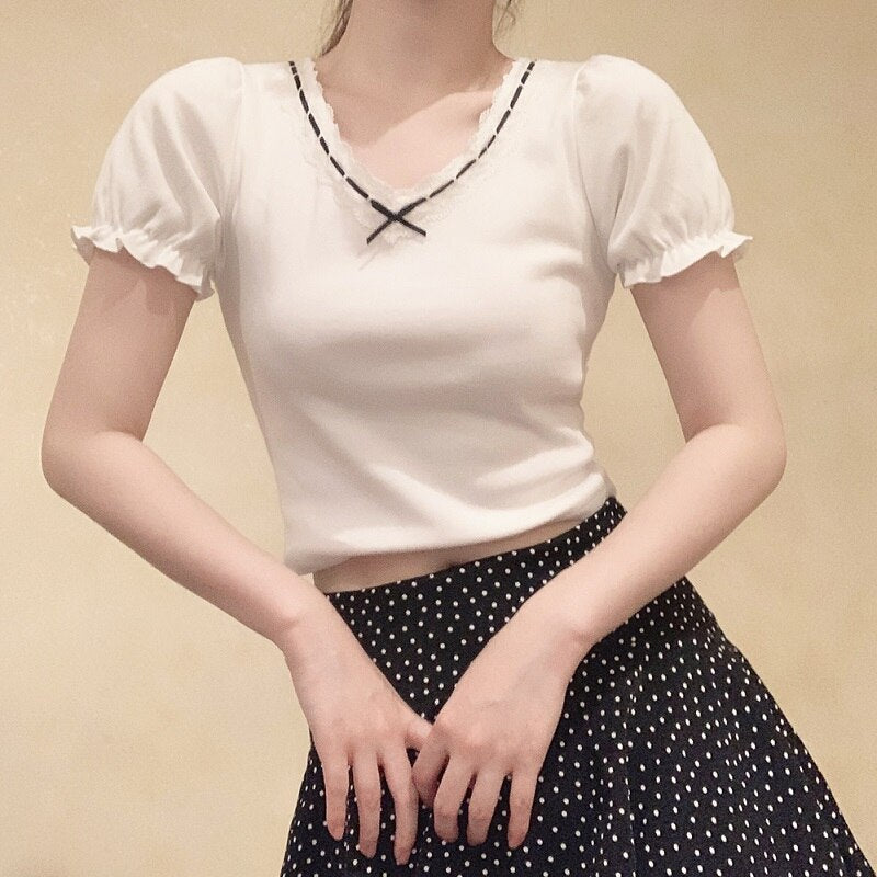Ribbon Lace Trim Puff Sleeve T-Shirt - Kawaii Stop - Blouses &amp; Shirts, Bowknot, Clothes, Cotton, For, Girl, Kawaii, Lace, Puff, Ribbon, Sleeve, Slim, Summer, Sweet, T Shirt, Tops, Tops &amp; Tees, Trim, Tshirt, V-Neck, White, Women's Clothing &amp; Accessories