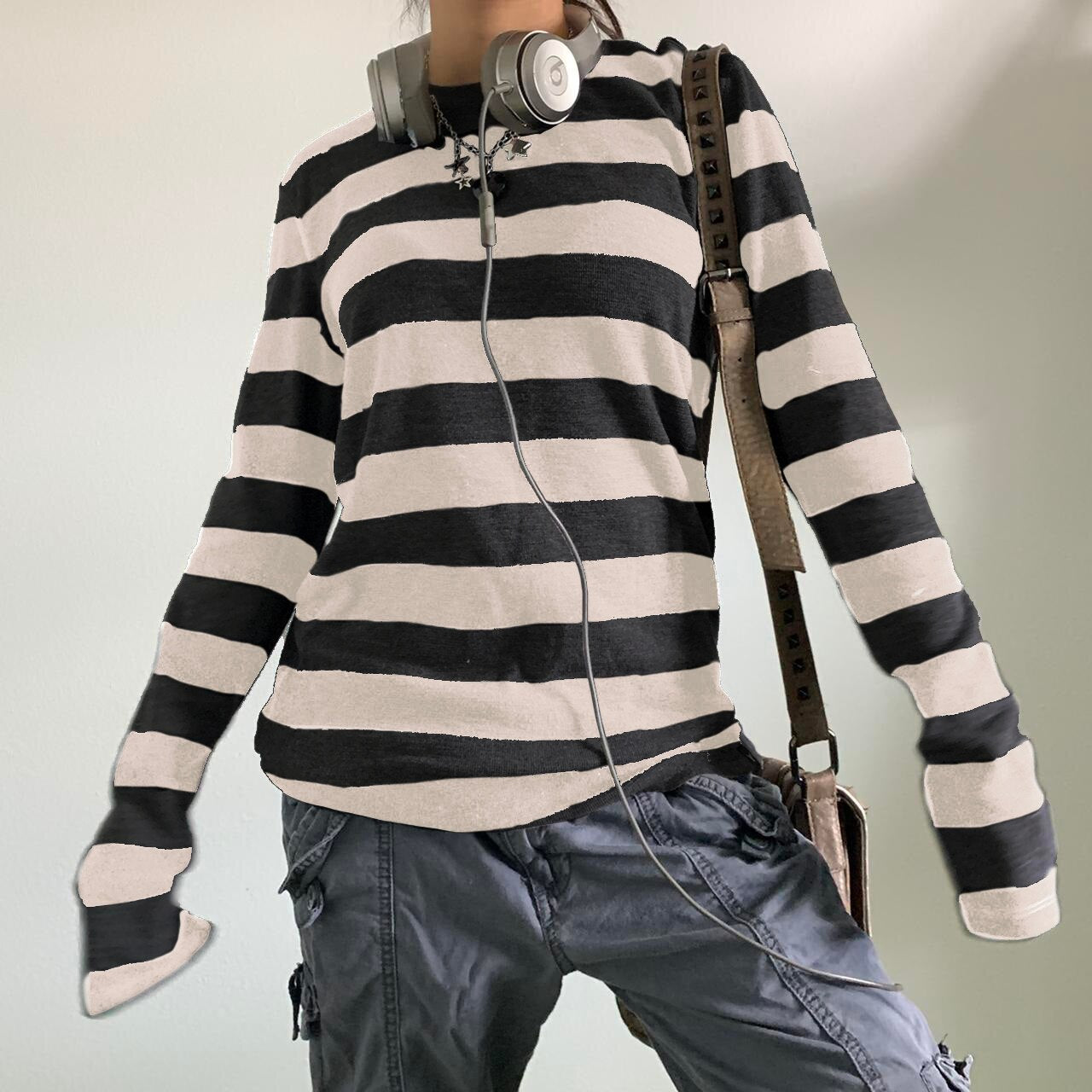 Fairy Grunge Knit Shirt - Kawaii Stop - Autumn, Basic, Black, Emo, Fairy, Grey, Grunge, Knit, Long, Neck, Round, Shirt, Sleeve, Striped, Sweaters, Tee, Tops, Tops &amp; Tees, Women, Women's Clothing &amp; Accessories, Y2k