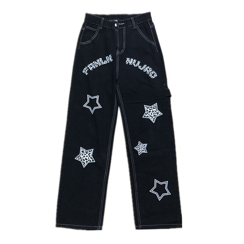Harajuku-Inspired Retro Star Print Trousers - Kawaii Stop - Autumn, Black, Bottoms, Casual, Harajuku, High Waist, Hip Hop, Jeans, Oversized, Pants &amp; Capris, Retro, Star Print, Street, Trousers, Wide Leg, Women, Women's Clothing &amp; Accessories