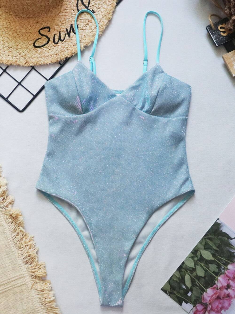 Glitter One-piece Swimsuits - Kawaii Stop - Glitter, One Piece, One Piece Swimsuits, Padded, Polyester, Purple, Sleeveless, Spandex, Swimsuit, Swimsuits, Women's Clothing &amp; Accessories