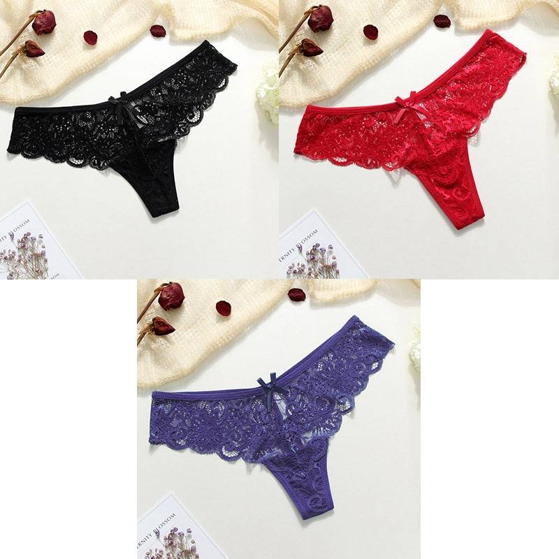 Lace Thongs - 3 Piece - Kawaii Stop - Cotton, Cute, Intimates, Lace, Multicolored, Panties, Panty, Sets, Sexy, Solid, Thongs, Underwear, Women's Clothing &amp; Accessories