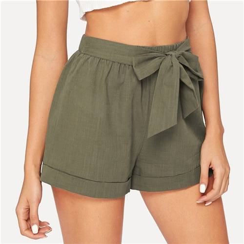 Women's Elastic Waist Belted Army Green Shorts - Kawaii Stop - Belted Design, Bottoms, Casual Fashion, Chic and Effortless Look, Elastic Waistband, Lightweight Comfort, Polyester Material, Shorts, Stay Stylish, Trendy Style, Utility-Inspired, Women's Clothing &amp; Accessories, Women's Elastic Waist Belted Army Green Shorts