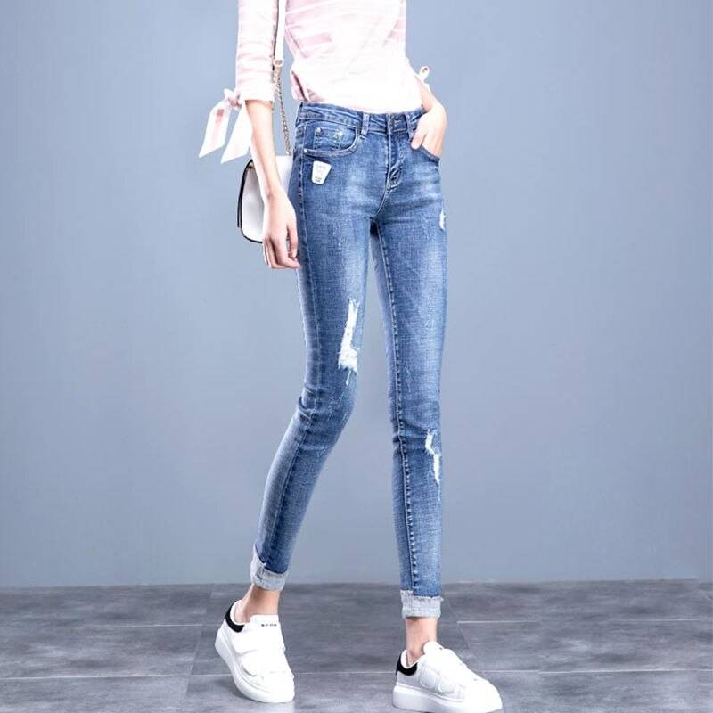 Vintage High Waisted Ripped Jeans - Kawaii Stop - Blue, Bottoms, Capris, Casual, Cotton, Cowboy, Denim, High Waist, Hole, Jeans, Korean, Pants, Pencil, Pencil Pants, Polyester, Ripped, Sexy, Skinny, Slim, Spandex, Streetwear, Stretch, Stretchy, Trousers, Vintage, Women, Women's Clothing &amp; Accessories, Zipper, Zipper Fly