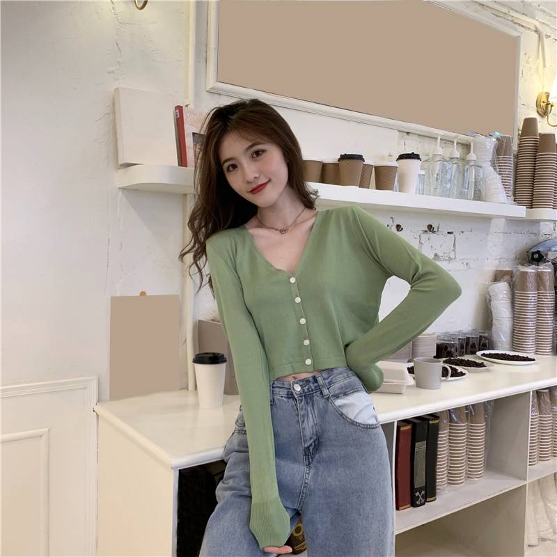 Women's Knitted Cropped Cardigan - Kawaii Stop - Acrylic Material, Cardigans, Chic and Comfortable, Cozy Style, Fall and Winter Fashion, Full Sleeve, Layering Piece, Stay Stylish and Warm, Trendy Look, V-Neck Collar, Versatile Styling, Women's Clothing &amp; Accessories, Women's Knitted Cropped Cardigan
