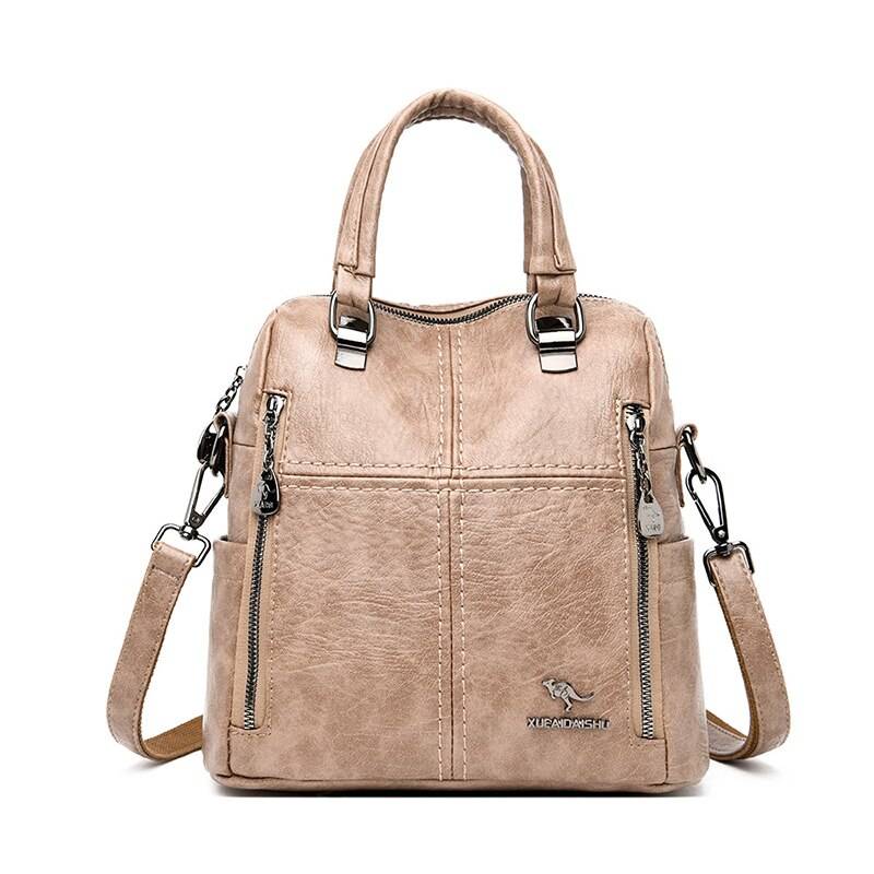 Women’s Leather Shoulder Backpack - Khaki - Women’s Clothing & Accessories - Backpacks - 12 - 2024