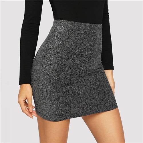 Women's Metallic Bodycon Mini Skirt - Kawaii Stop - Bodycon Style, Bottoms, Chic Fashion, High Waist, Mini Length, Polyester and Spandex Blend, Refined Look, Skirts, Stylish Design, Trendy and Comfortable, Versatile Styling, Women's Clothing &amp; Accessories, Women's Metallic Bodycon Mini Skirt, Year-Round Fashion