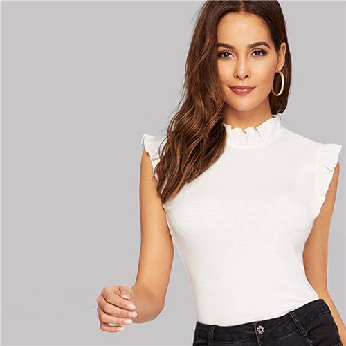 Women's Ruffle Design White Tee - Kawaii Stop - and Spandex Blend, Casual Chic, Chic Fashion, Cotton, Effortless Elegance, Polyester, Ruffles and Sleeveless, Stylish and Comfortable, T-Shirts, Tops &amp; Tees, Versatile and Fashionable, Women's Clothing &amp; Accessories, Women's Ruffle Design White Tee