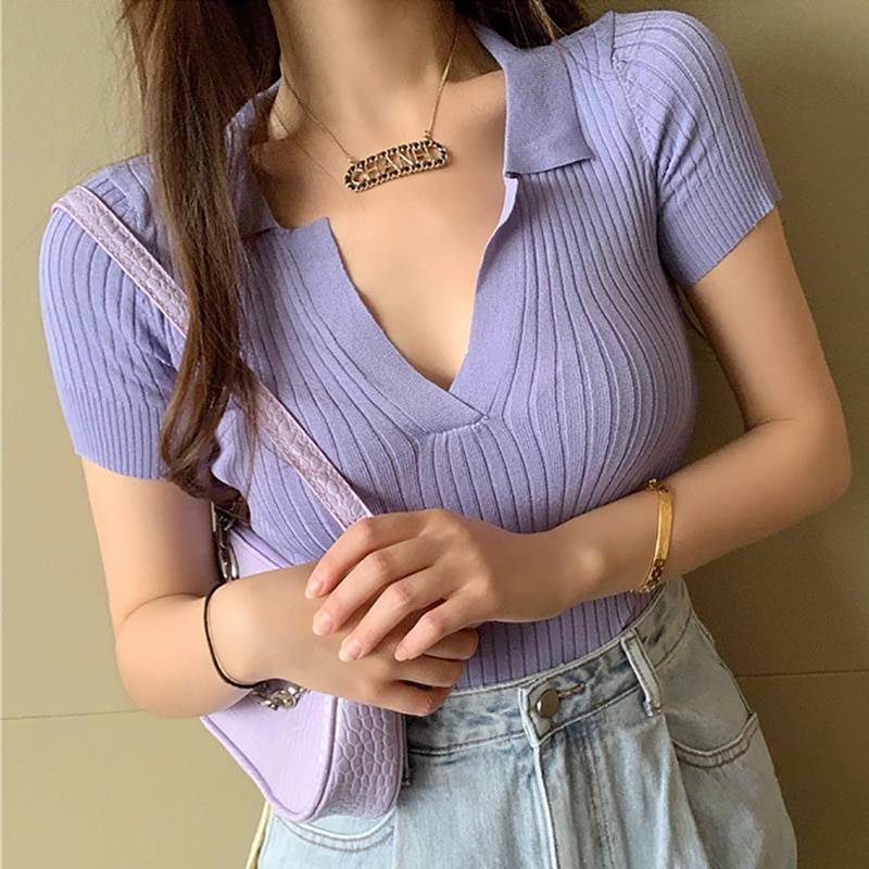 Women's Short Sleeved Polo - Kawaii Stop - Adorable, Autumn, Camis &amp; Tops, Color, Cotton, Crop Top, Cute, Fashion, Short-Sleeved, Solid, Spring, Street Fashion, Summer, Tops &amp; Tees, Women's, Women's Clothing &amp; Accessories