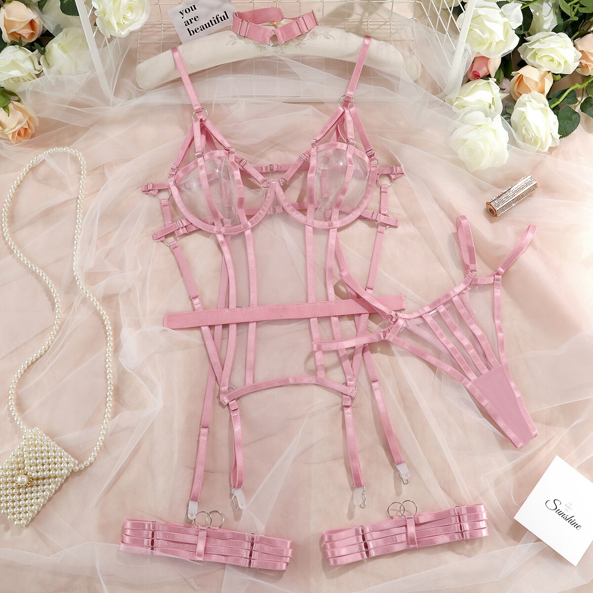 3-Piece Exotic Lingerie Set - Kawaii Stop - 3-Piece, Adult Games, Bandage, Brief Set, Choker, Cut Out, Exotic, garter, Intimates, Lingerie Set, Panties, Pink, Set, Sets, Sexy, Sexy Lingerie, Sexy Products, Transparent, Women, Women's, Women's Clothing &amp; Accessories