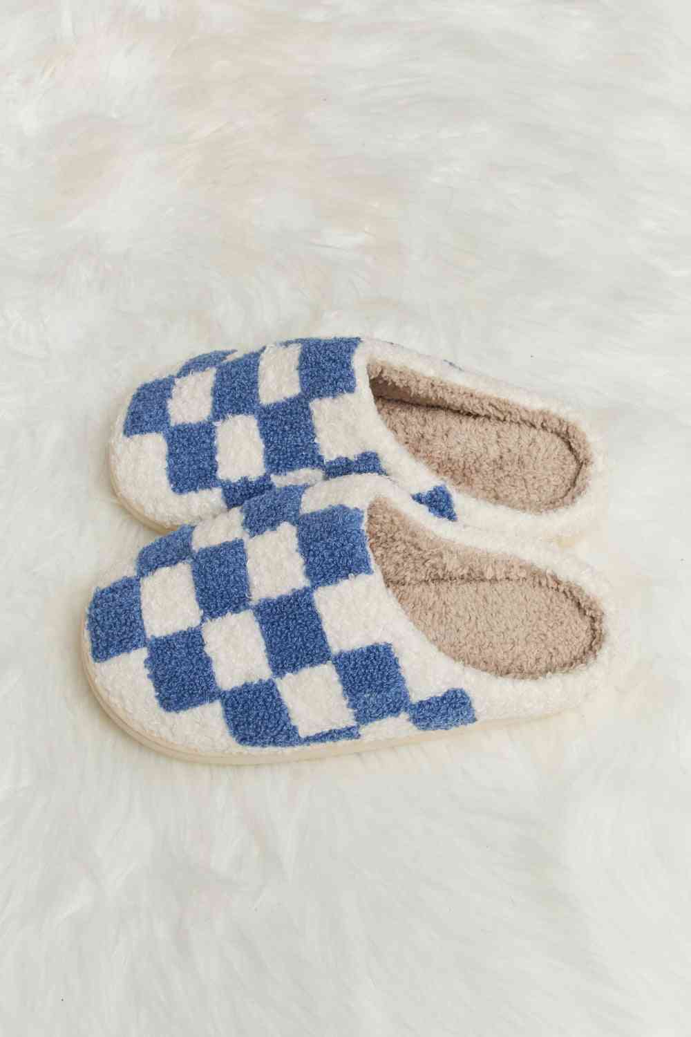Checkered Print Plush Slide Slippers - Accessories - Shoes - 18 - 2024