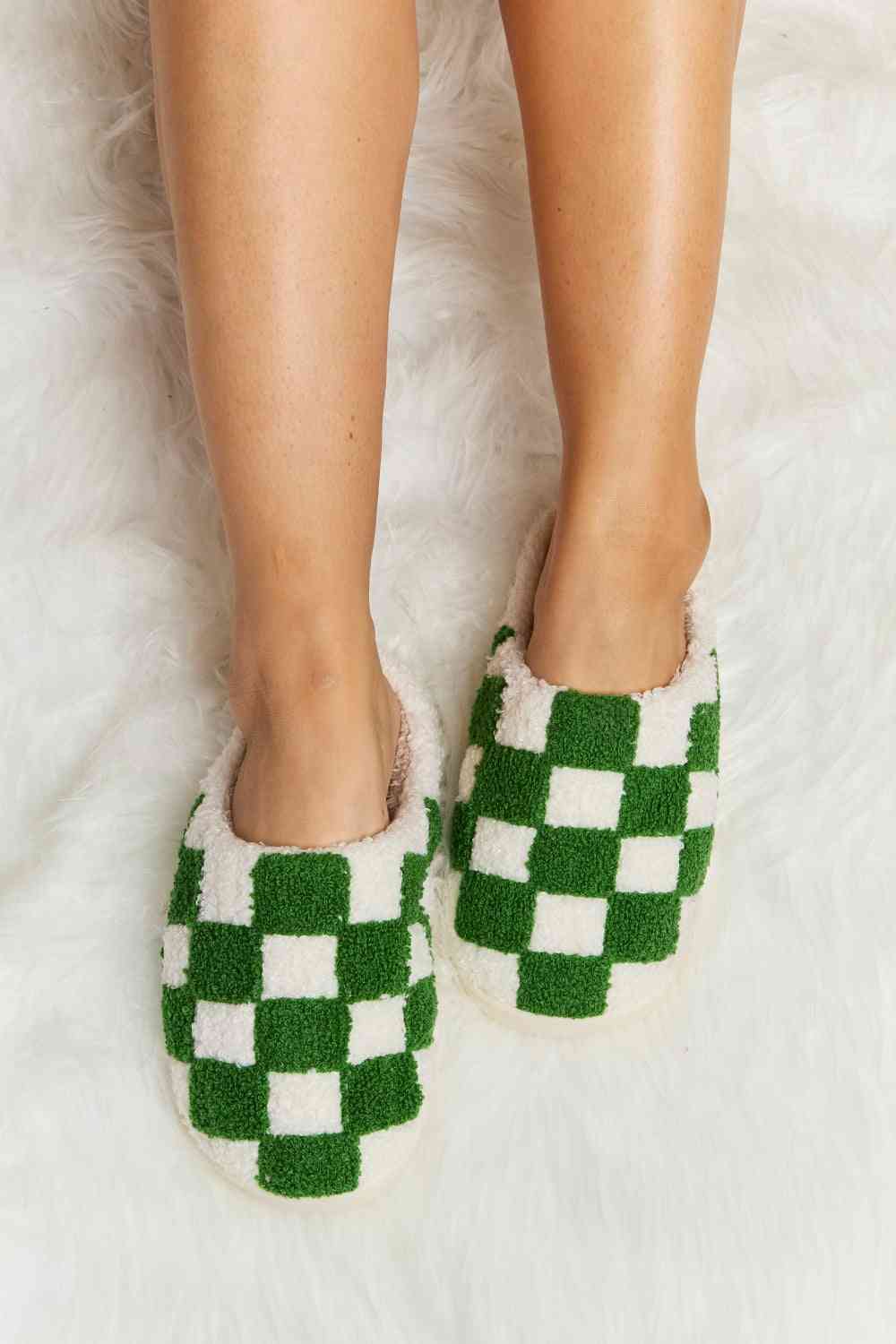 Checkered Print Plush Slide Slippers - Accessories - Shoes - 20 - 2024