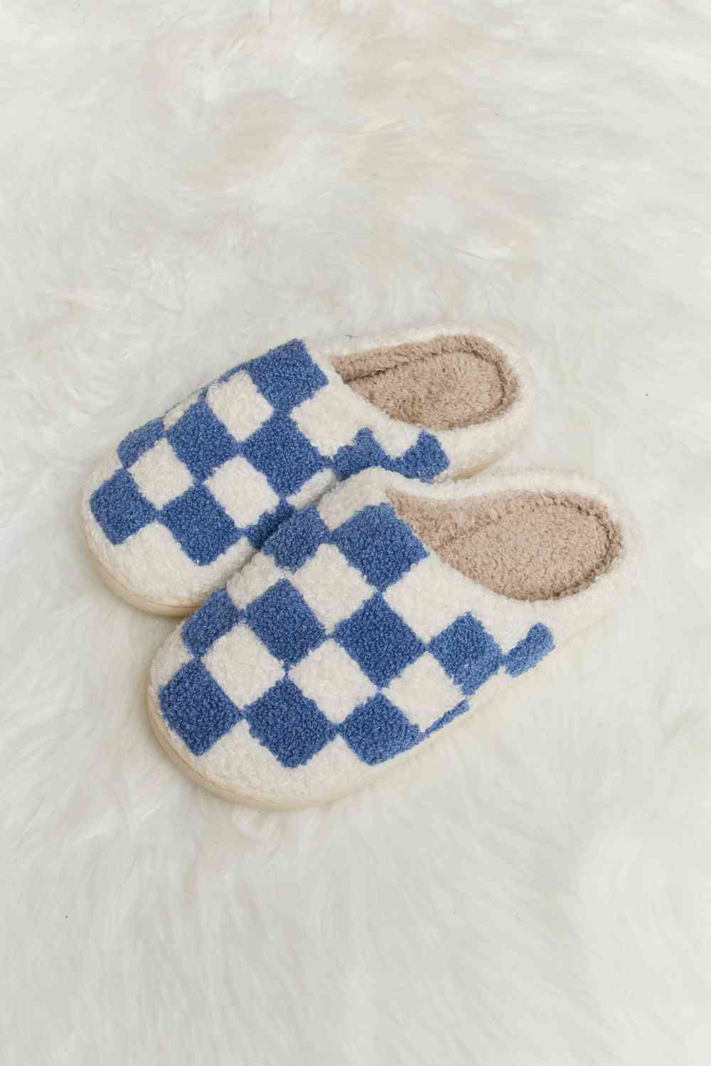 Checkered Print Plush Slide Slippers - Accessories - Shoes - 17 - 2024
