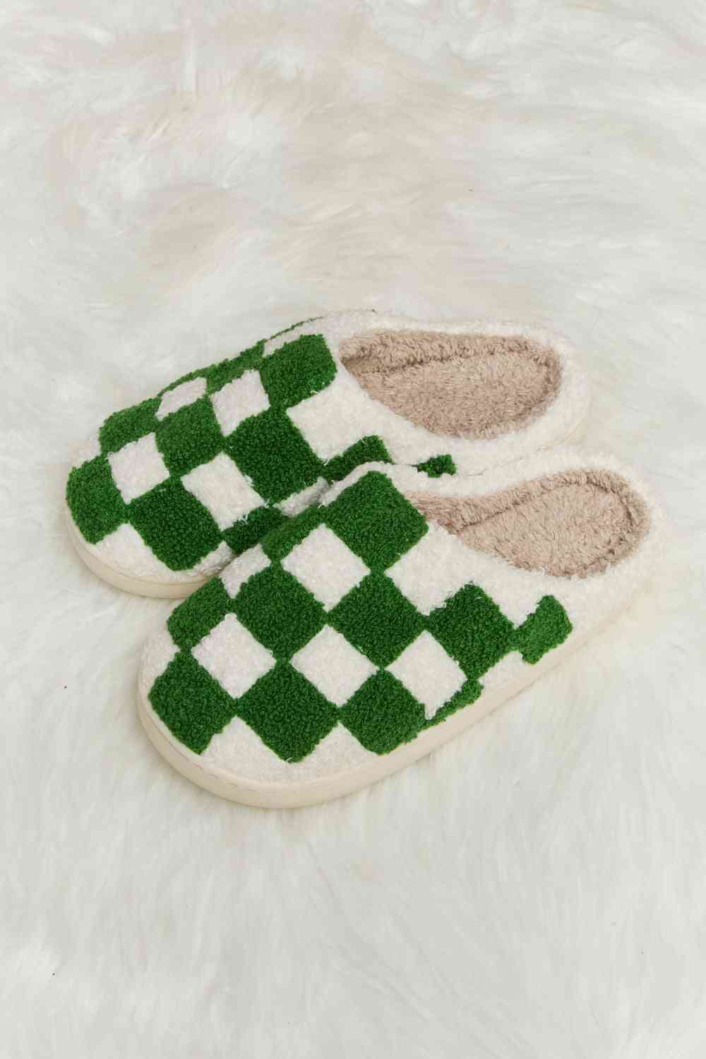 Checkered Print Plush Slide Slippers - Accessories - Shoes - 23 - 2024