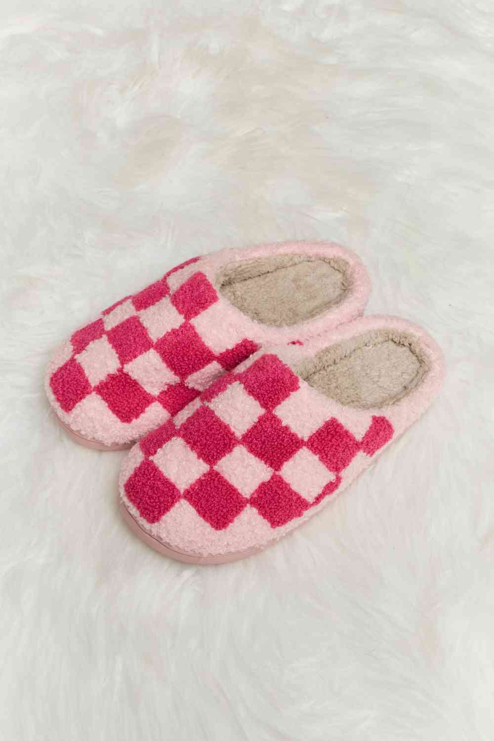 Checkered Print Plush Slide Slippers - Accessories - Shoes - 10 - 2024