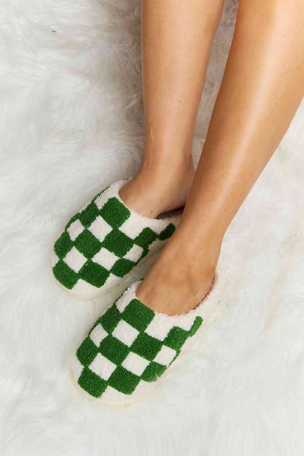 Checkered Print Plush Slide Slippers - Accessories - Shoes - 21 - 2024