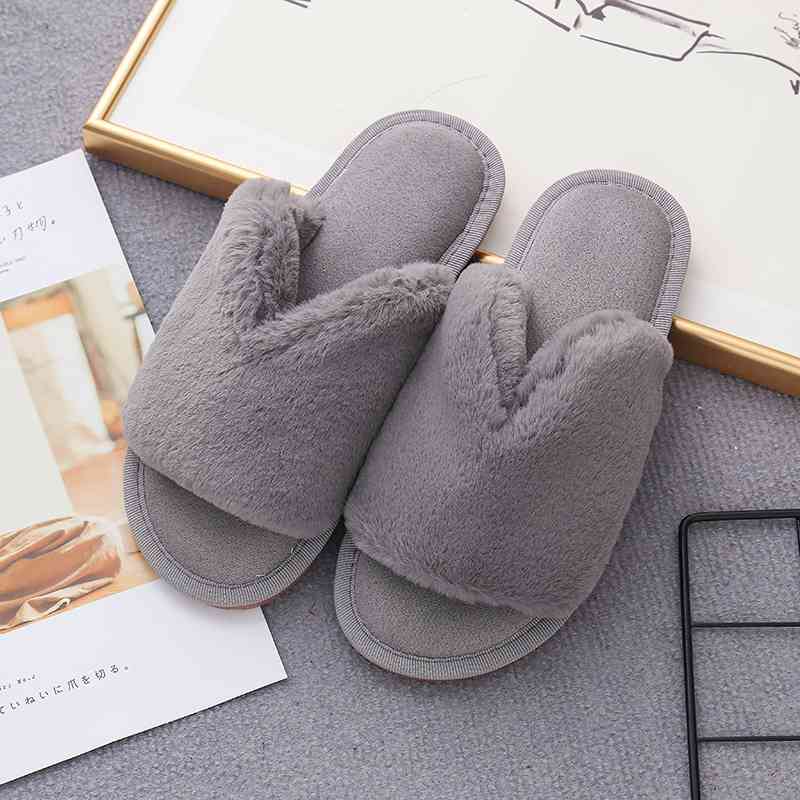 Faux Fur Open Toe Slippers - Charcoal / S - Accessories - Shoes - 10 - 2024