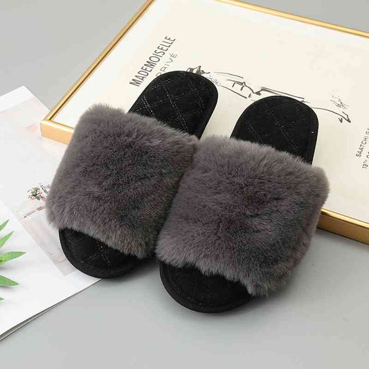 Faux Fur Open Toe Slippers - Charcoal / S - Accessories - Shoes - 2 - 2024