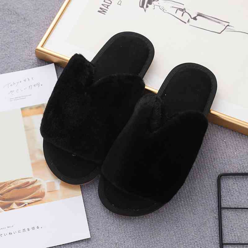 Faux Fur Open Toe Slippers - Black / S - Accessories - Shoes - 16 - 2024