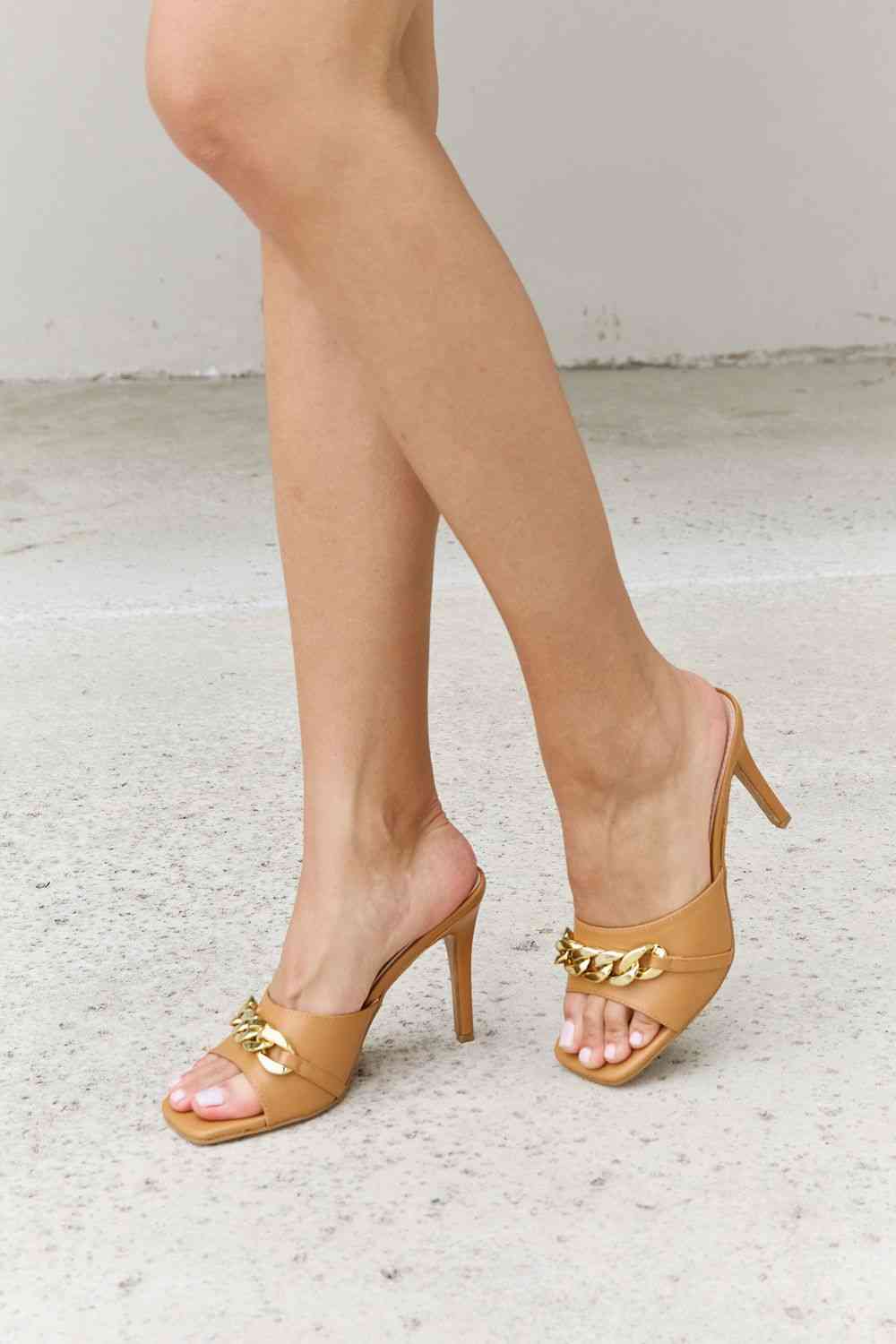 Single Strap Chain Detail Mule Heels in Tan - Accessories - Shoes - 4 - 2024