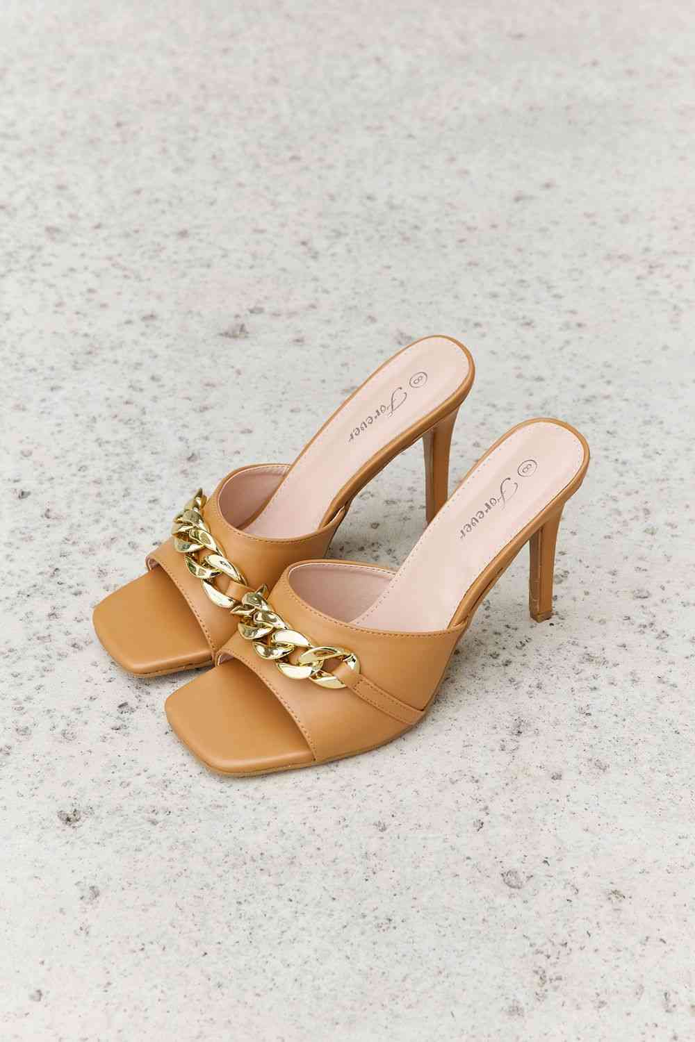 Single Strap Chain Detail Mule Heels in Tan - Accessories - Shoes - 7 - 2024