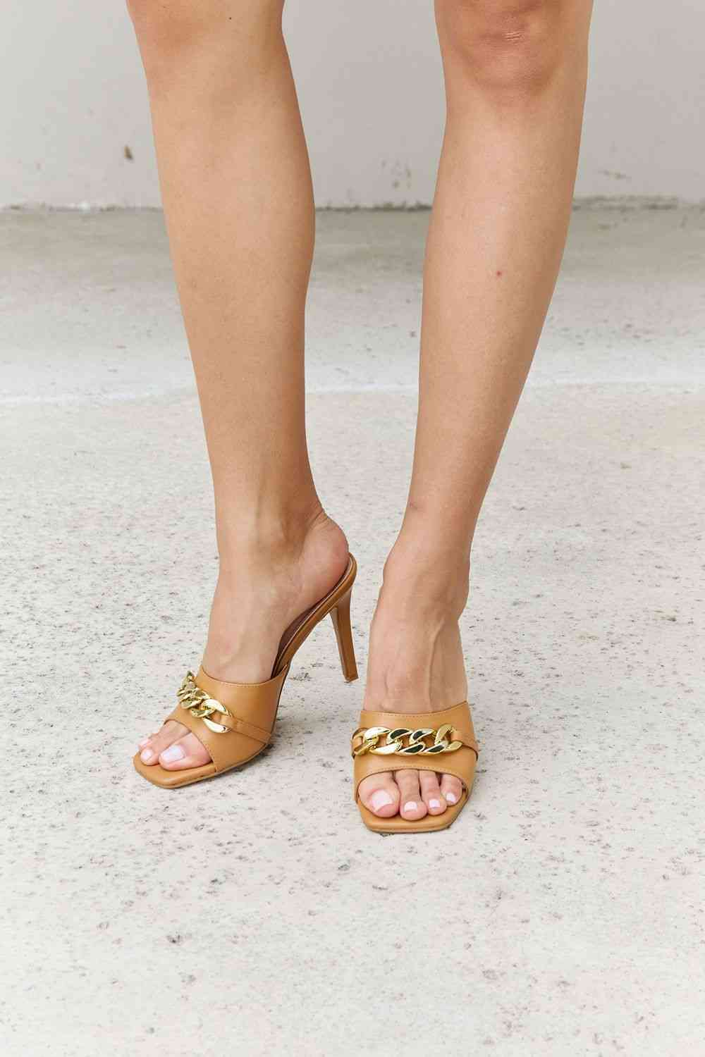 Single Strap Chain Detail Mule Heels in Tan - Tan / 6 - Accessories - Shoes - 1 - 2024