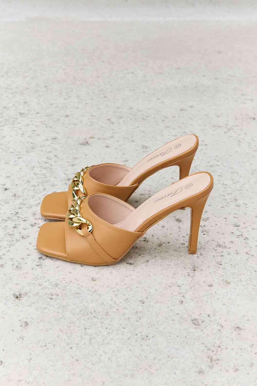 Single Strap Chain Detail Mule Heels in Tan - Accessories - Shoes - 8 - 2024