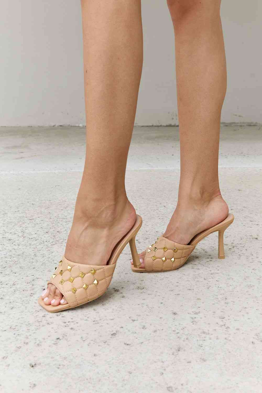 Square Toe Quilted Mule Heels in Nude - Accessories - Shoes - 2 - 2024