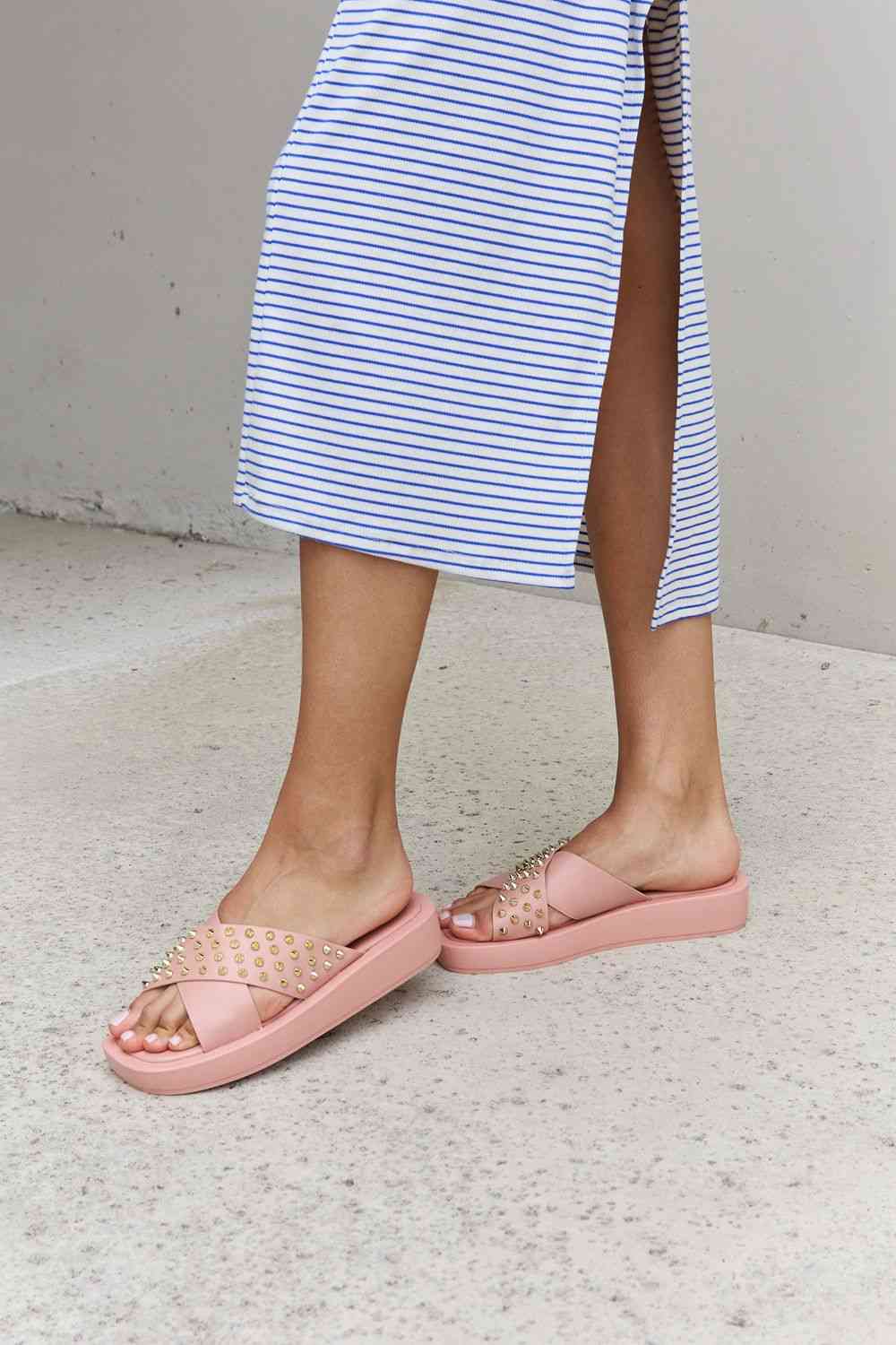 Studded Cross Strap Sandals in Blush - Kawaii Stop - Chic Fashion, Cross Strap Design, Faux Leather, Flat Heels, Flats, Forever Link, Modern Elegance, Ship from USA, Slippers, Stylish Comfort