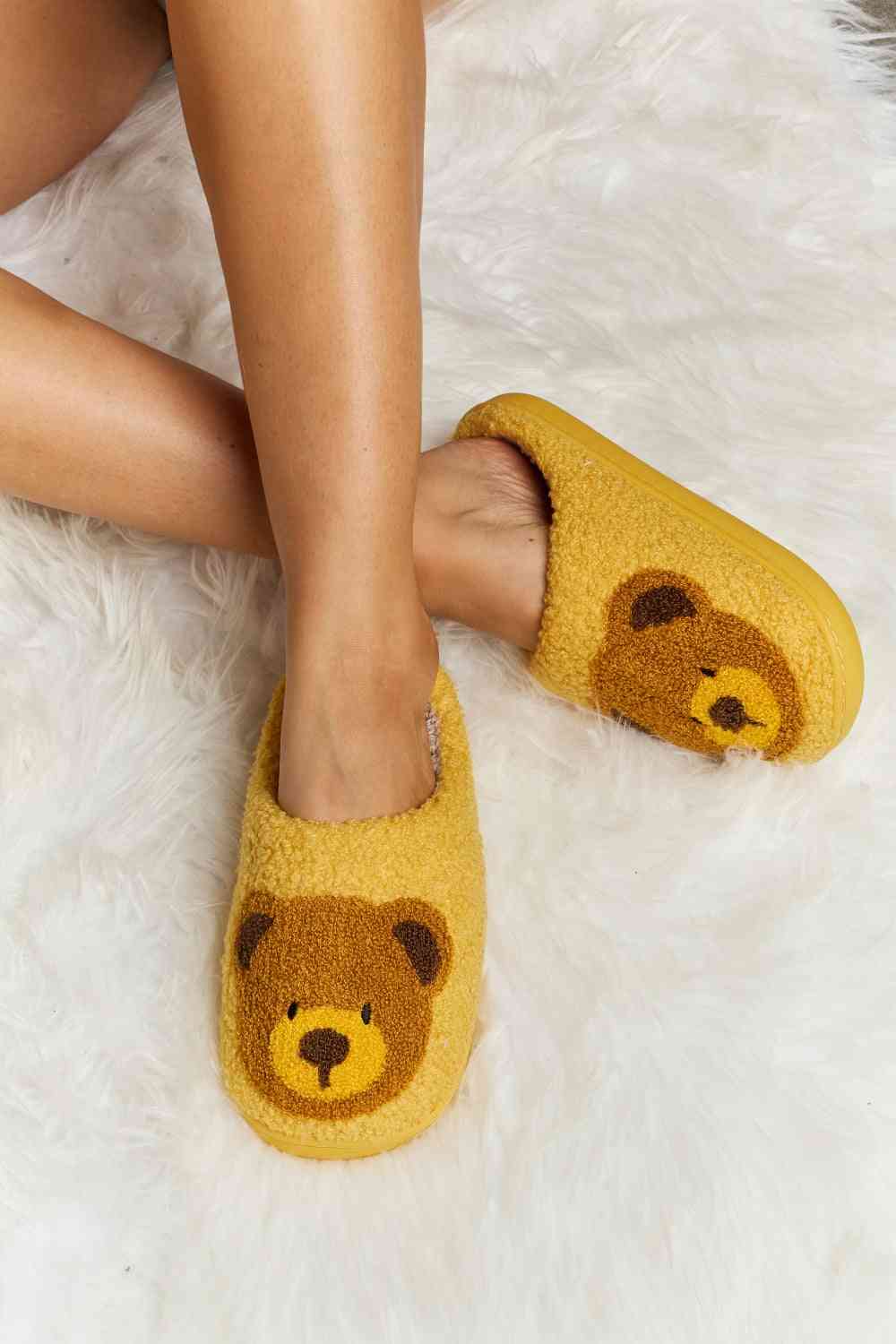 Teddy Bear Print Plush Slide Slippers - Yellow / S - Accessories - Shoes - 25 - 2024