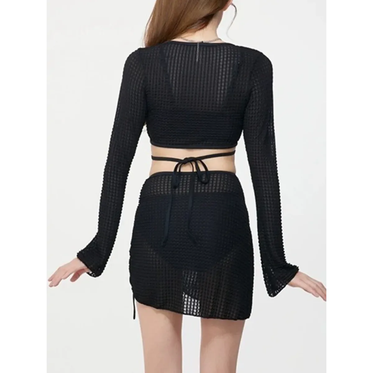 Ivory Mesh Chain Bikini Set – Long Sleeve Lace-Up Beachwear - Swimsuits - Swimwear - 14