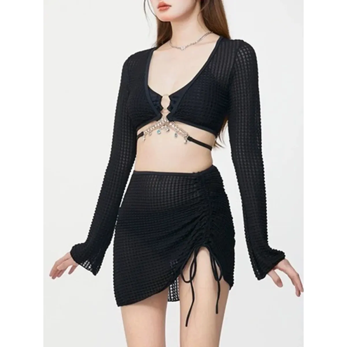 Ivory Mesh Chain Bikini Set – Long Sleeve Lace-Up Beachwear - Swimsuits - Swimwear - 12