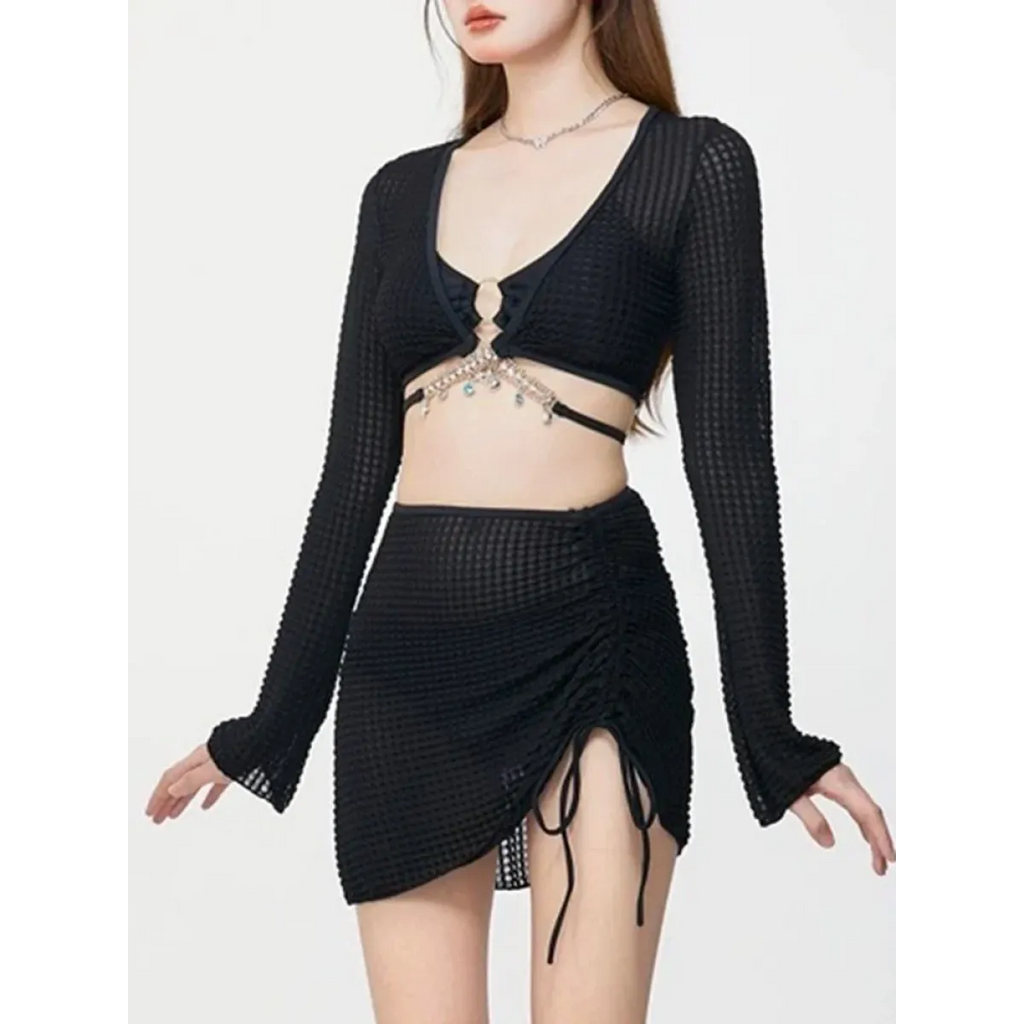 Ivory Mesh Chain Bikini Set – Long Sleeve Lace-Up Beachwear - Swimsuits - Swimwear - 4