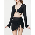 Ivory Mesh Chain Bikini Set – Long Sleeve Lace-Up Beachwear - Swimsuits - Swimwear - 4