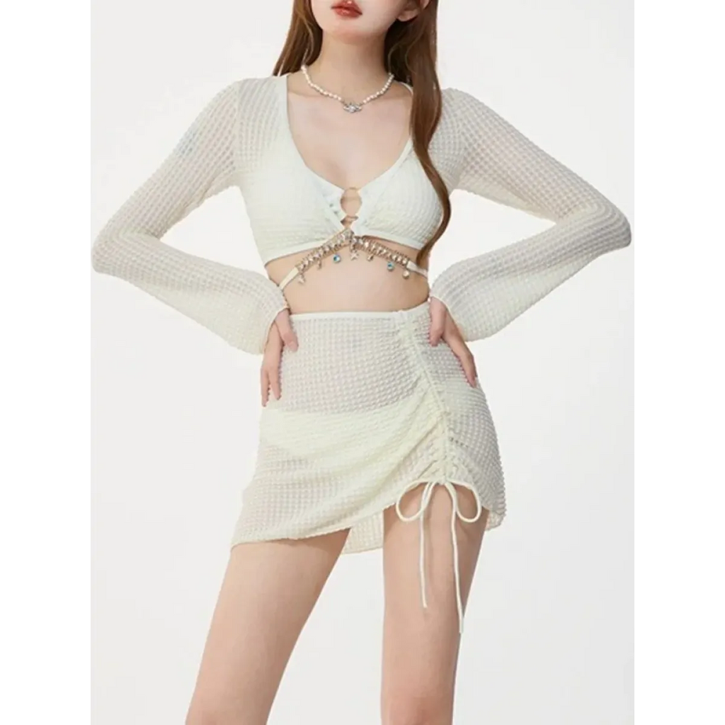 Ivory Mesh Chain Bikini Set – Long Sleeve Lace-Up Beachwear - Swimsuits - Swimwear - 16
