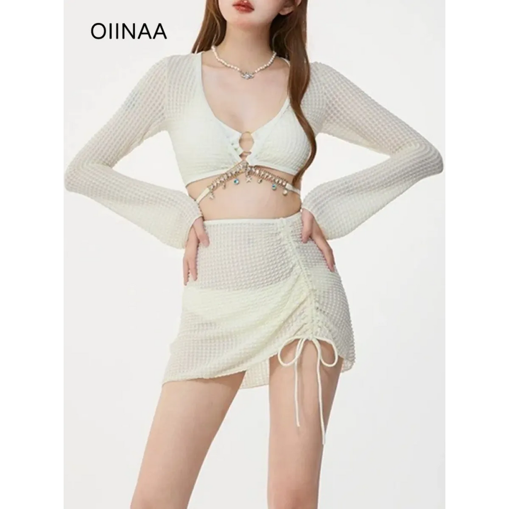 Ivory Mesh Chain Bikini Set – Long Sleeve Lace-Up Beachwear - Swimsuits - Swimwear - 2