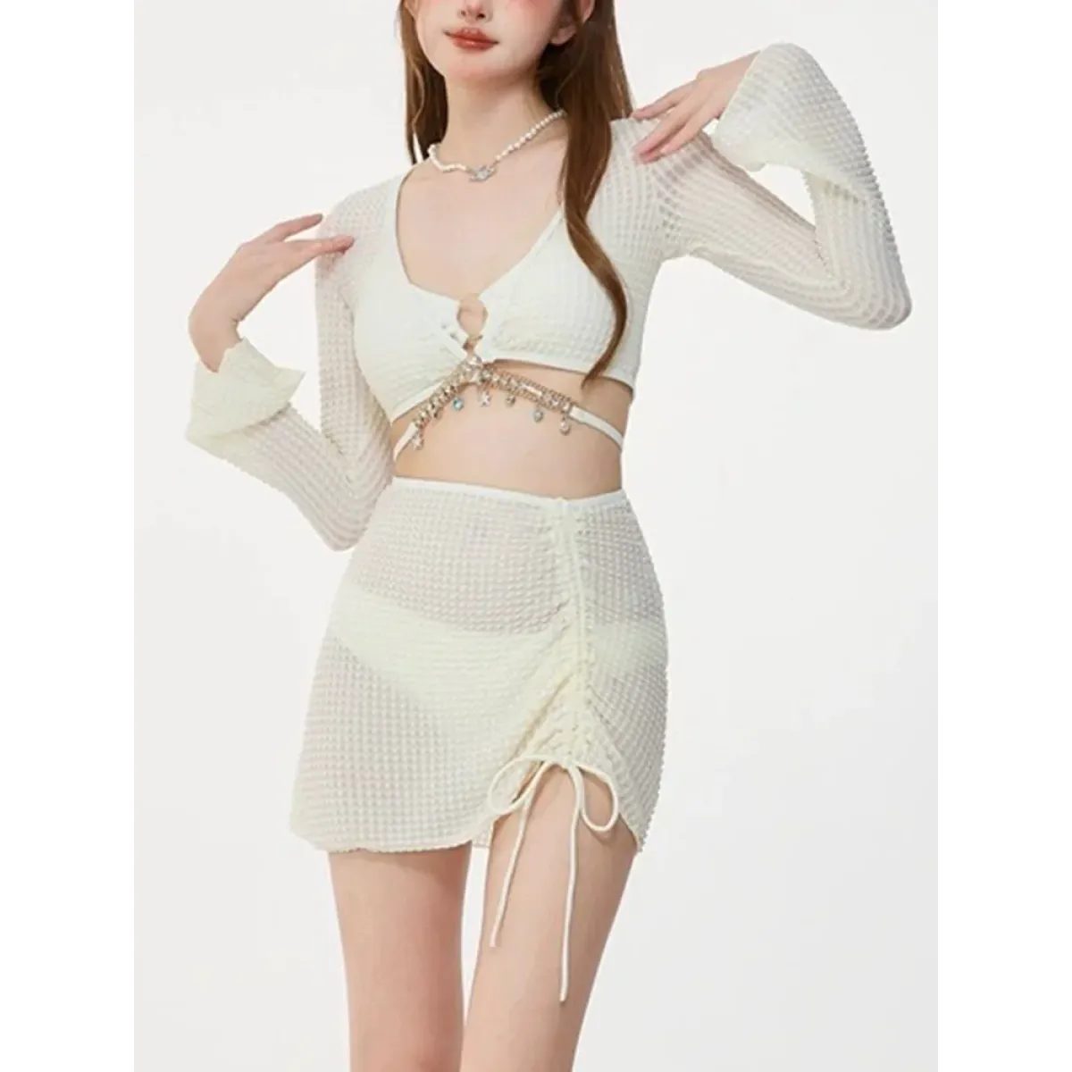 Ivory Mesh Chain Bikini Set – Long Sleeve Lace-Up Beachwear - Swimsuits - Swimwear - 1
